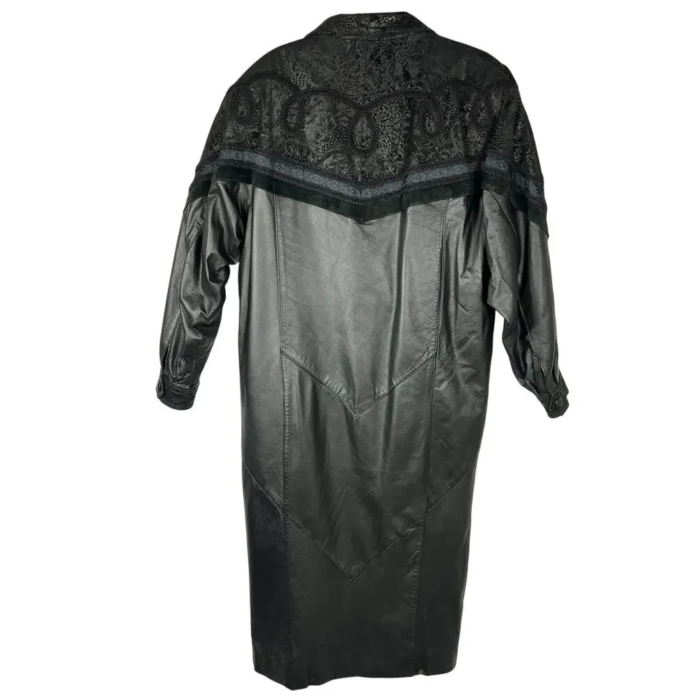 Wilsons Leather Long Trench Coat Jacket Mens Medium Black VTG Lace Suede Lined - Picture 2 of 16